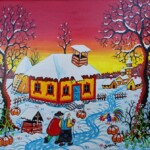 Umetnička slika Zimska šetnja slikar Zoran Zarić - tehnika ulje na platnu - format slike bez rama 30x25 cm - Cena umetničke slike 12900 dinara - izgled slike bez rama