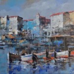 Umetnička slika Barke 1 slikar Branko Dimitrijević, tehnika slikanja ulje na platnu – format slike sa ramom 54 × 64 cm, bez rama 30 × 40 cm – cena umetničke slike 21.240 dinara – izgled slike bez rama