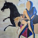 Umetnička slika Čovek i konji 3 – slikar Duško Trifunović, ulje na platnu, format bez rama 100×80 cm, sertifikat autentičnosti - cena slike 70 800 dinara - izgled slike bez rama