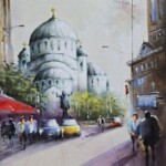 Umetnička slika Hram u belom slikar Nenad Vojnović, tehnika slikanja ulje na platnu – format slike sa ramom 55×45 cm, bez rama 40×30 cm – cena umetničke slike 21.240 dinara – izgled slike bez rama