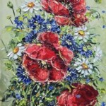 Umetnička slika Makovi 2 slikarke Bose Milaković, tehnika slikanja ulje na platnu – format slike bez rama 30×20 cm (sa ramom 46×46 cm) – cena umetničke slike 15.340 dinara – izgled slike bez rama