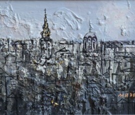Umetnička slika Beograd 4 slikar Miodrag Mijo Elezović - tehnika ulje na platnu kaširano na lesonitu - format slike sa ramom 36x42 cm - bez rama 24x30 cm - Cena umetničke slike 12980 dinara - izgled slike bez rama
