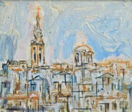 Umetnička slika Beograd 6 slikar Miodrag Mijo Elezović - tehnika ulje na platnu kaširano na lesonitu - format slike sa ramom 34x39 cm - bez rama 25x20 cm - Cena umetničke slike 11800 dinara - izgled slike bez rama