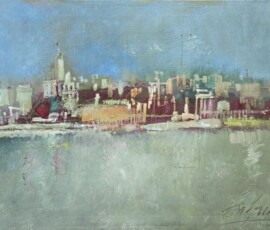 Umetnička slika Beograd na reci 1 slikar Dušan Mikonjić - tehnika ulje na platnu - format slike sa ramom — - bez rama 60x80 cm - Cena umetničke slike 47200 dinara - izgled slike bez rama