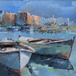Umetnička slika Barke 2 slikar Branko Dimitrijević - tehnika ulje na platnu - format slike sa ramom 44x54 cm - bez rama 30x40 cm - Cena umetničke slike 21240 dinara - izgled slike bez rama