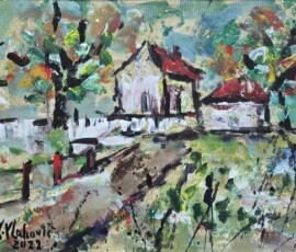 Umetnička slika Bele kuće slikar Vojo Vlahović - tehnika ulje na platnu - format slike sa ramom 48x63 cm - bez rama 35x50 cm - Cena umetničke slike 33040 dinara - izgled slike bez rama