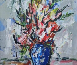 Umetnička slika Cveće u vazi 1 slikar Vojo Vlahović - tehnika ulje na platnu - format slike sa ramom 64x54 cm - bez rama 50x40 cm - Cena umetničke slike 33040 dinara - izgled slike bez rama