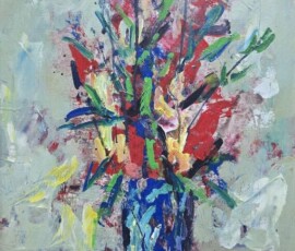 Umetnička slika Cveće u vazi 6 slikar Vojo Vlahović - tehnika ulje na platnu - format slike sa ramom 63x48 cm - bez rama 52x37 cm - Cena umetničke slike 33040 dinara - izgled slike bez rama