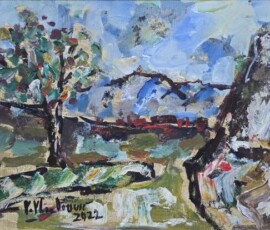 Umetnička slika Pejzaž slikar Vojo Vlahović - tehnika ulje na platnu - format slike sa ramom 48x63 cm - bez rama 35x50 cm - Cena umetničke slike 33040 dinara - izgled slike bez rama