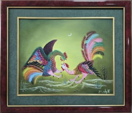 Umetnička slika Borba petlova slikar Pavel Hajko- Naiva Kovačica - tehnika ulje na platnu kaširano na lesonitu - veličina slike bez rama 40x50 cm - sa ramom 50x69 cm - cena umetničke slike 94400 dinara - izgled slike sa ramom.