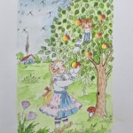 Umetnička slika Branje jabuka 1 slikar Eva Husarikova- Naiva Kovačica - tehnika grafika dorađena akvarelom - veličina slike bez rama 30x22 cm - sa paspartuom 42x30 cm - cena umetničke slike 7080 dinara - izgled slike sa paspartuom.