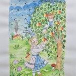 Umetnička slika Branje jabuka 2 slikar Eva Husarikova- Naiva Kovačica - tehnika grafika dorađena akvarelom - veličina slike bez rama 30x22 cm - sa paspartuom 42x30 cm - cena umetničke slike 7080 dinara - izgled slike sa paspartuom.