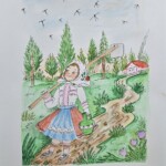 Umetnička slika Kopačica 2 slikar Eva Husarikova- Naiva Kovačica - tehnika grafika dorađena akvarelom - veličina slike bez rama 30x22 cm - sa paspartuom 42x30 cm - cena umetničke slike 7080 dinara - izgled slike sa paspartuom.