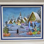 Umetnička slika Kovačica zimi slikar Pavel Cicka- Naiva Kovačica - tehnika ulje na platnu kaširano na lesonitu - veličina slike bez rama 32x40 cm - sa ramom 44x52 cm - cena umetničke slike 59000 dinara - izgled slike sa ramom.