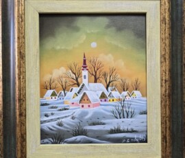 Umetnička slika Kovačica zimi slikar Pavel Hajko- Naiva Kovačica - tehnika ulje na platnu kaširano na lesonitu - veličina slike bez rama 30x25 cm - sa ramom 48x43 cm - cena umetničke slike 47200 dinara - izgled slike sa ramom.