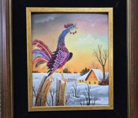 Umetnička slika Pevac 1 slikar Pavel Hajko- Naiva Kovačica - tehnika ulje na platnu kaširano na kartonu - veličina slike bez rama 30x25 cm - sa ramom 50x45 cm - cena umetničke slike 47200 dinara - izgled slike sa ramom.