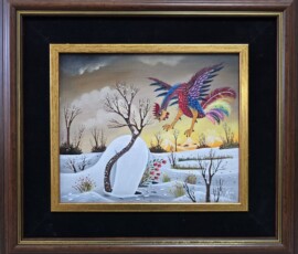 Umetnička slika Pevac 2 slikar Pavel Hajko- Naiva Kovačica - tehnika ulje na platnu kaširano na kartonu - veličina slike bez rama 25x30 cm - sa ramom 45x50 cm - cena umetničke slike 47200 dinara - izgled slike sa ramom.