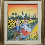 Umetnička slika Polje suncokreta slikar Eva Husarikova- Naiva Kovačica - tehnika ulje na platnu - veličina slike bez rama 30x25 cm - sa ramom 42x37 cm - cena umetničke slike 53100 dinara - izgled slike sa ramom.