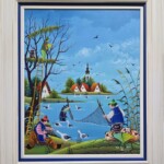 Umetnička slika Ribari 1 slikar Pavel Cicka- Naiva Kovačica - tehnika ulje na platnu kaširano na lesonitu - veličina slike bez rama 50x40 cm - sa ramom 65x55 cm - cena umetničke slike 70800 dinara - izgled slike sa ramom.