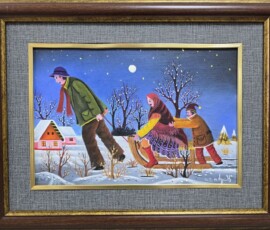 Umetnička slika Sankanje slikar Pavel Hajko- Naiva Kovačica - tehnika ulje na platnu kaširano na lesonitu - veličina slike bez rama 36x25 cm - sa ramom 41x53 cm - cena umetničke slike 53100 dinara - izgled slike sa ramom.