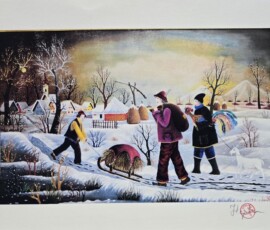 Umetnička slika Sankanje slikar Pavel Hajko- Naiva Kovačica - tehnika grafika - veličina slike bez rama 24x38 cm - sa paspartuom 32x46 cm - cena umetničke slike 7080 dinara - izgled slike sa paspartuom.