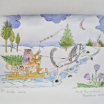 Umetnička slika Vesela zima slikar Eva Husarikova- Naiva Kovačica - tehnika grafika dorađena akvarelom - veličina slike bez rama 22x30 cm - sa paspartuom 30x42 cm - cena umetničke slike 7080 dinara - izgled slike sa paspartuom.