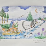 Umetnička slika Zima slikar Eva Husarikova- Naiva Kovačica - tehnika grafika dorađena akvarelom - veličina slike bez rama 22x30 cm - sa paspartuom 30x42 cm - cena umetničke slike 7080 dinara - izgled slike sa paspartuom.