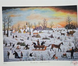 Umetnička slika Zimske čarolije slikar Pavel Hajko- Naiva Kovačica - tehnika grafika - veličina slike bez rama 26x35 cm - sa paspartuom 32x46 cm - cena umetničke slike 7080 dinara - izgled slike sa paspartuom.