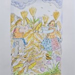 Umetnička slika Žuto zlato slikar Eva Husarikova- Naiva Kovačica - tehnika grafika dorađena akvarelom - veličina slike bez rama 30x22 cm - sa paspartuom 42x30 cm - cena umetničke slike 7080 dinara - izgled slike sa paspartuom.