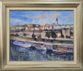 Umetnička slika Beograd 1 slikar Rade Laketa- tehnika ulje na platnu - veličina slike bez rama 39x49 cm - sa ramom 54x64 cm - cena umetničke slike 18880 dinara - izgled slike sa ramom.