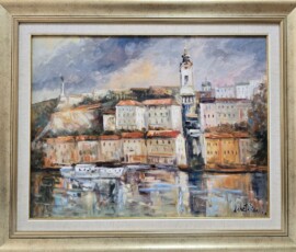 Umetnička slika Beograd 2 slikar Rade Laketa- tehnika ulje na platnu - veličina slike bez rama 44x57 cm - sa ramom 59x72 cm - cena umetničke slike 22480 dinara - izgled slike sa ramom.