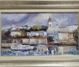 Umetnička slika Beograd 3 slikar Rade Laketa- tehnika ulje na platnu - veličina slike bez rama 29x50 cm - sa ramom 43x64 cm - cena umetničke slike 18880 dinara - izgled slike sa ramom.
