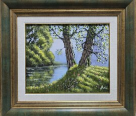 Umetnička slika Kraj reke slikar Jadran Đukić- tehnika ulje na platnu - veličina slike bez rama 25x30 cm - sa ramom 41x46 cm - cena umetničke slike 15340 dinara - izgled slike sa ramom.
