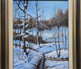 Umetnička slika Šumski potok slikar Jadran Đukić- tehnika ulje na platnu - veličina slike bez rama 50x40 cm - sa ramom 66x56 cm - cena umetničke slike 28320 dinara - izgled slike sa ramom.