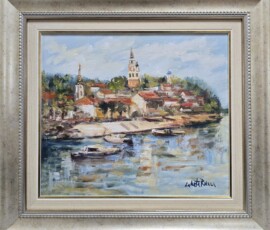 Umetnička slika Zemun 2 slikar Rade Laketa- tehnika ulje na platnu - veličina slike bez rama 33x38 cm - sa ramom 48x53 cm - cena umetničke slike 17700 dinara - izgled slike sa ramom.