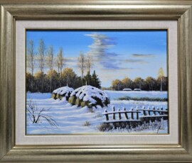Umetnička slika Zimska idila slikar Jadran Đukić- tehnika ulje na platnu - veličina slike bez rama 30x40 cm - sa ramom 46x56 cm - cena umetničke slike 20060 dinara - izgled slike sa ramom.