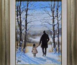 Umetnička slika Zimska šetnja slikar Jadran Đukić- tehnika ulje na platnu - veličina slike bez rama 35x25 cm - sa ramom 51x41 cm - cena umetničke slike 16520 dinara - izgled slike sa ramom.