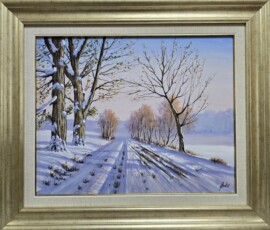 Umetnička slika Zimski put slikar Jadran Đukić- tehnika ulje na platnu - veličina slike bez rama 40x50 cm - sa ramom 58x68 cm - cena umetničke slike 28320 dinara - izgled slike sa ramom.